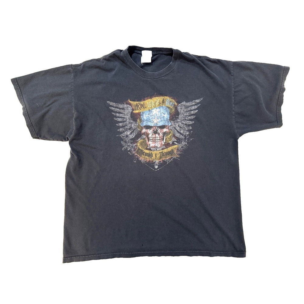 Vintage Y2K Skull Wings Graphic‎ T-Shirt Men XL Patriotic Biker Grunge Fader